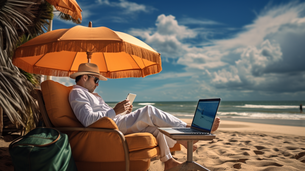 man working on a computer at the beach 