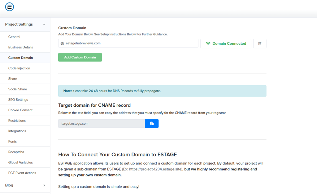 Estage Custom Domain Addition Tab