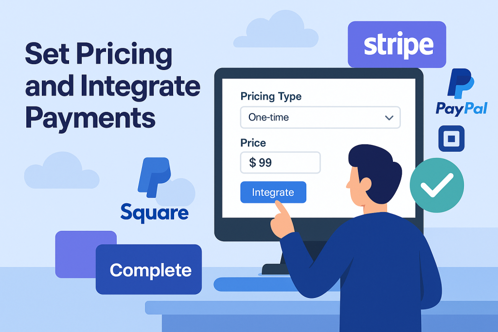 A person sets product pricing and integrates payments on a computer screen featuring options for Stripe, PayPal, and Square.