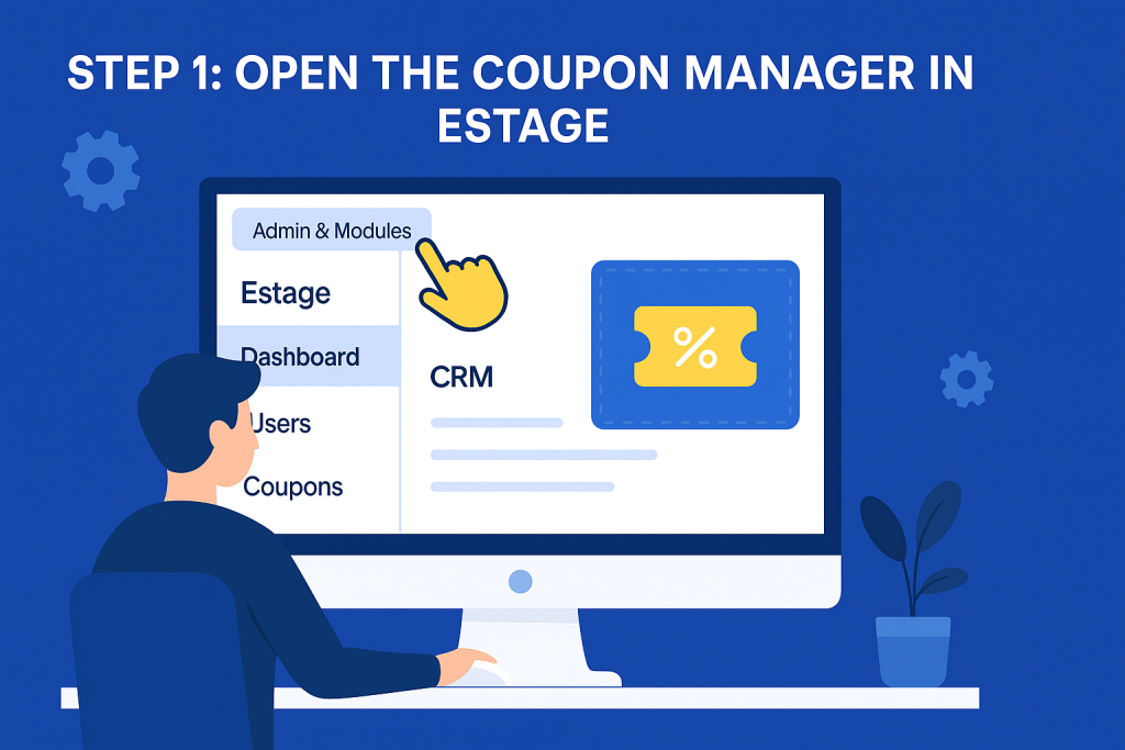 A 2D digital illustration shows a user navigating a software dashboard to access the coupon manager, with an interface resembling Estage's layout and a highlighted navigation menu.