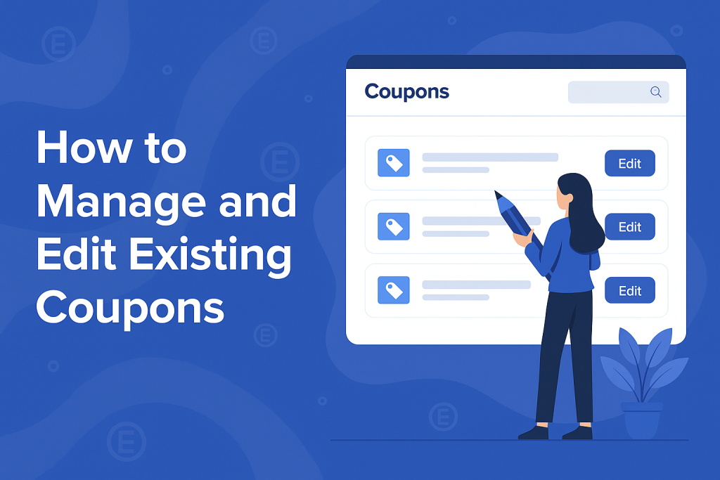 A flat-style digital illustration in the image depicts a woman editing coupon listings on a large screen interface.