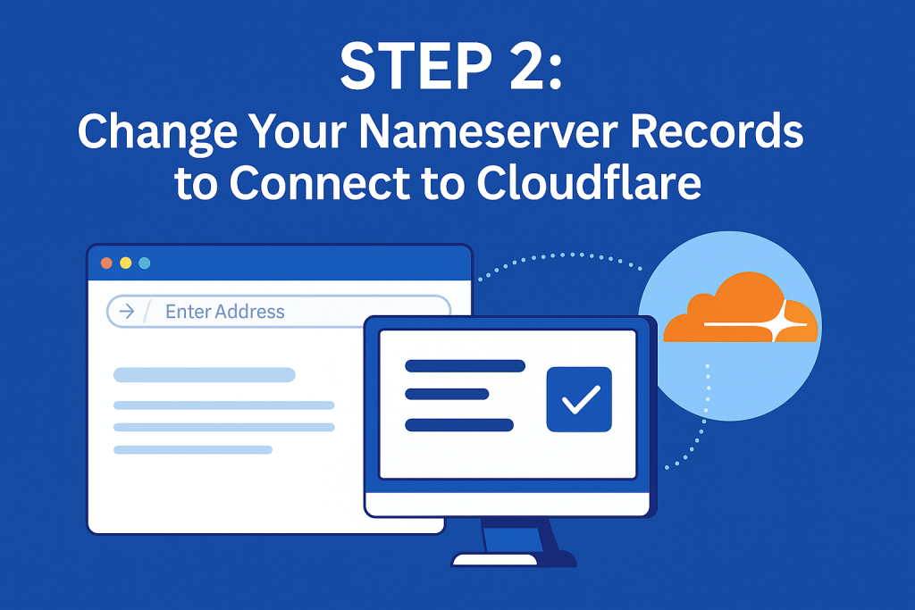  A flat-style digital illustration showing a user updating nameserver records to connect a domain to Cloudflare inside the Estage dashboard, with visual elements like domain settings and confirmation checkmarks.