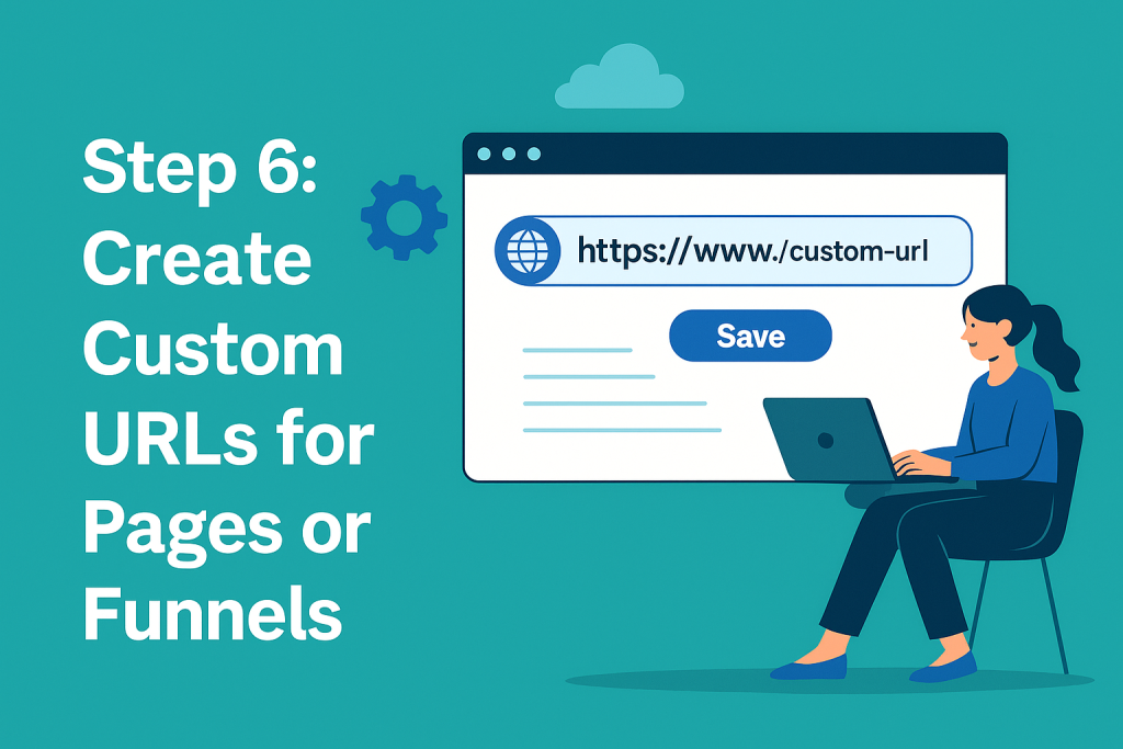 A flat-style digital illustration shows a woman setting up a custom URL on a webpage, with bold dark blue text on the left reading “Step 6: Create Custom URLs for Pages or Funnels” and a clean, balanced layout.