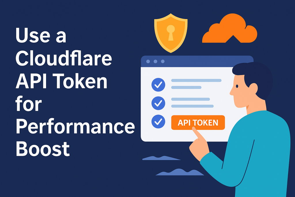 A flat-style digital illustration infographic is displayed with the title "Use a Cloudflare API Token for Performance Boost" on a dark blue background, featuring a person interacting with a computer screen showing an API token button, surrounded by icons of a cloud and a security shield.