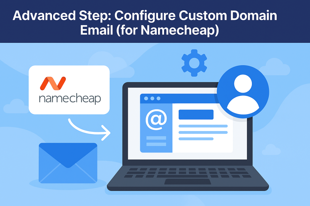 A flat-style digital illustration infographic titled Advanced Step Configure Custom Domain Email for Namecheap showing a visual guide with envelope and domain icons representing email configuration steps on the Namecheap platform