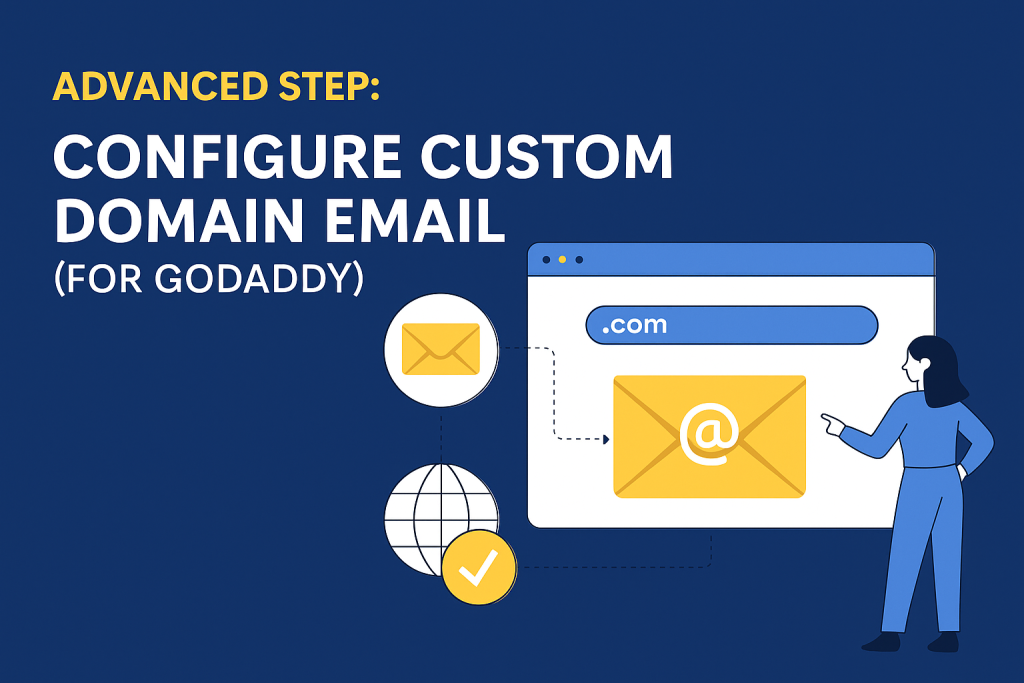 A flat-style digital illustration infographic shows the process of configuring a custom domain email using GoDaddy, with a woman pointing at an email symbol next to a domain window, alongside globe and checkmark icons on a dark blue background.