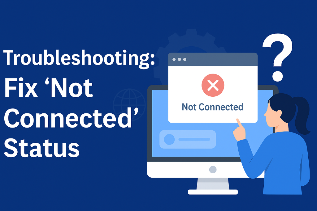 A flat-style digital illustration banner showing a person pointing at a computer screen with a large red X and the words "Not Connected" beside the headline "Troubleshooting Fix ‘Not Connected’ Status" on a deep blue background.