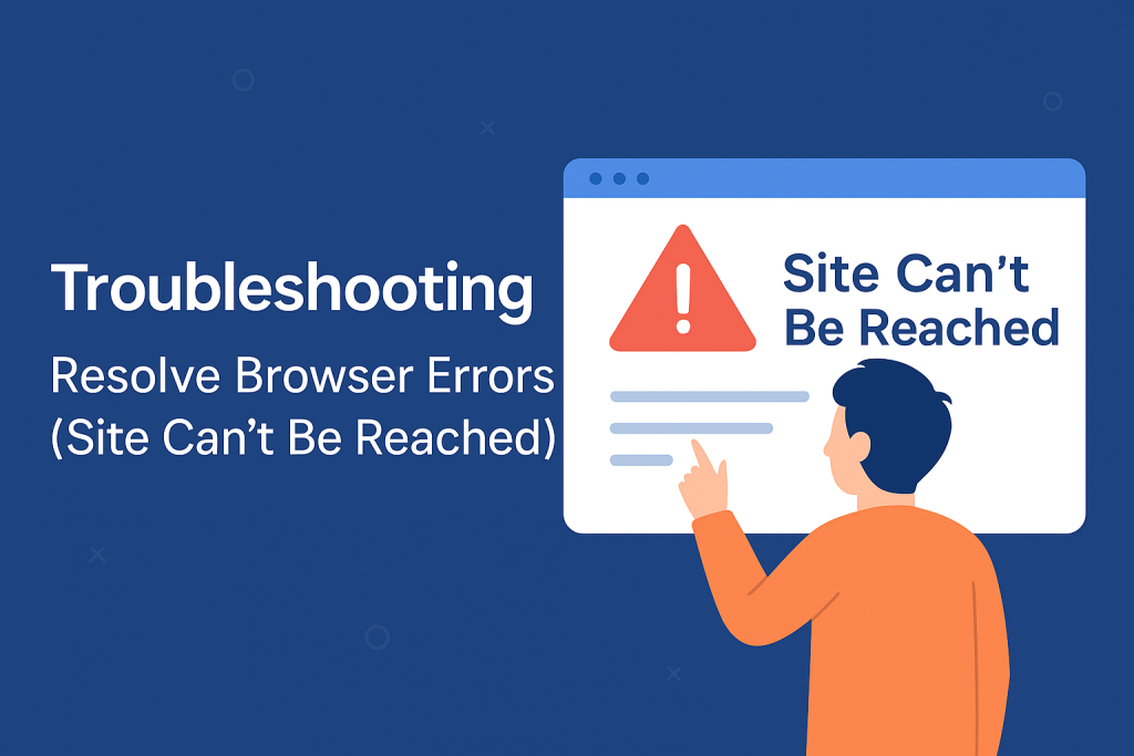 A flat design banner shows a person pointing at a large screen with the error message “Site Can’t Be Reached” alongside the headline “Troubleshooting: Resolve Browser Errors” on a deep blue background.