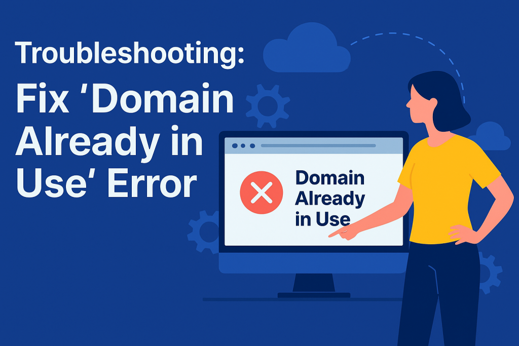 A flat-style digital illustration banner features the title “Troubleshooting: Fix ‘Domain Already in Use’ Error” on the left, with a woman pointing at a computer screen displaying the error message on the right, set against a dark blue background with abstract gear and cloud graphics.