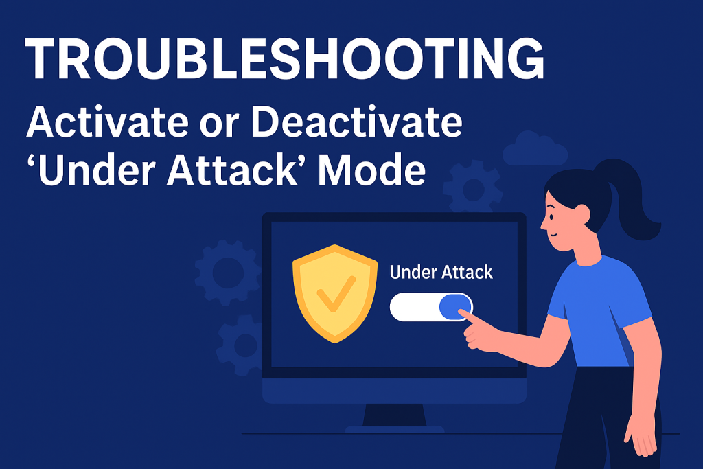 Flat-style digital illustration showing a troubleshooting scene with a shield icon and alert symbols, representing how to activate or deactivate Under Attack mode in Cloudflare or Estage.