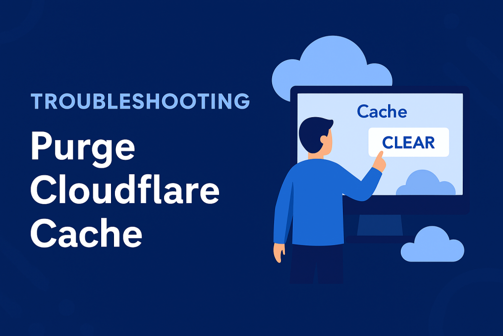 A flat-style digital illustration shows a user facing a large screen with a “CLEAR” button under the word “Cache,” representing the troubleshooting process for purging Cloudflare cache. The left side features bold white text on a dark blue background reading “Troubleshooting Purge Cloudflare Cache,” while soft blue cloud graphics add visual detail.




A flat-style digital illustration shows a user facing a large screen with a “CLEAR” button under the word “Cache,” representing the troubleshooting process for purging Cloudflare cache. The left side features bold white text on a dark blue background reading “Troubleshooting Purge Cloudflare Cache,” while soft blue cloud graphics add visual detail.
