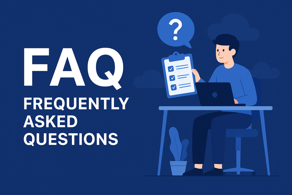  Flat-style digital illustration with the large text FAQ and Frequently Asked Questions on the left, and on the right, a person sitting at a desk holding a checklist clipboard with a question mark speech bubble above.
