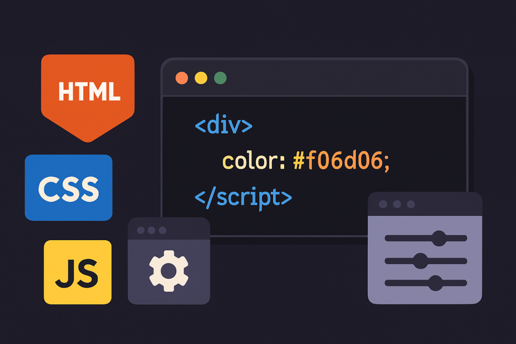 A clean 2D digital illustration showing a dark-themed code editor window with colorful HTML, CSS, and JavaScript icons on the left. The editor displays highlighted code snippets, and on the right are stylized plugin and widget icons, all set against a sleek purple-blue background, representing custom code integration and development.