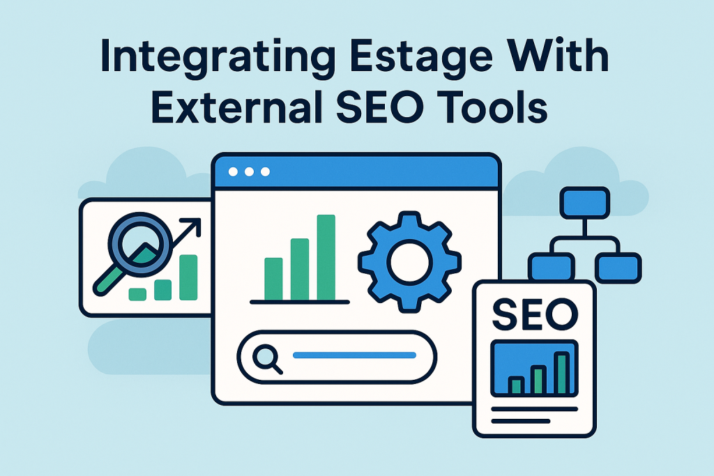 A 16:9 digital illustration titled “Integrating Estage With External SEO Tools” featuring a browser window with graphs, a gear icon, a magnifying glass with an upward arrow, and a flowchart, all in a clean blue-and-green theme.