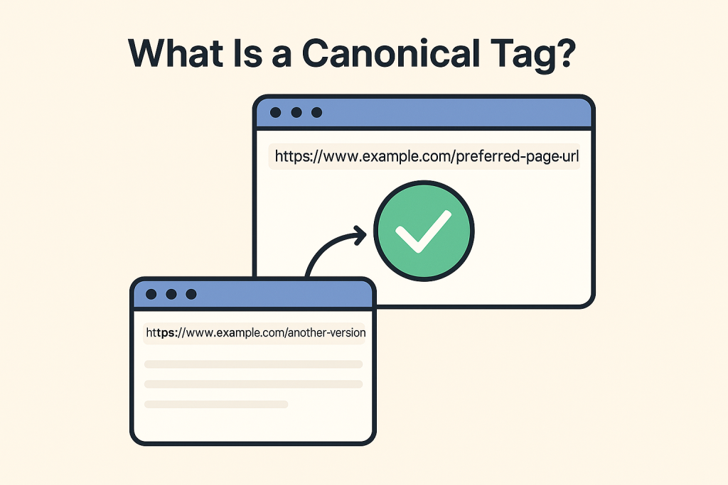 Illustration showing two web browser windows, one labeled as the preferred canonical page with a green checkmark, and the other pointing to it with an arrow, visualizing how a canonical tag works in SEO.