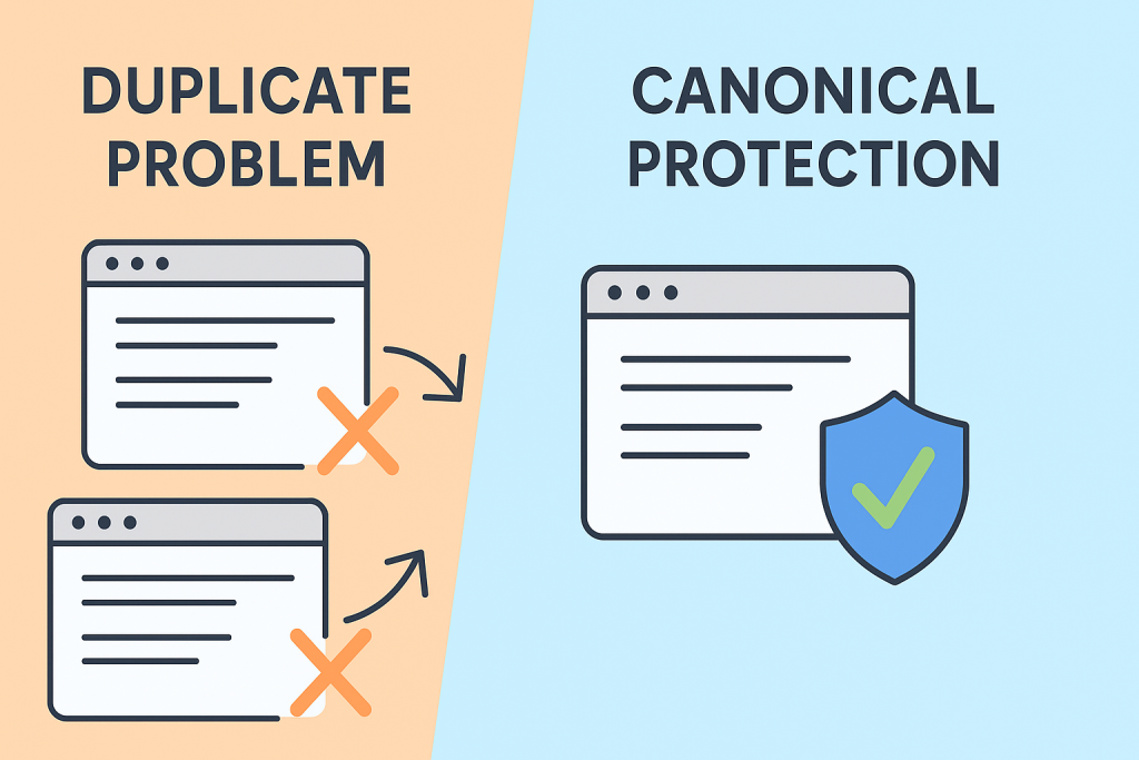 Side-by-side illustration showing duplicate content problems on the left with two overlapping browser windows marked by orange X symbols, and canonical protection on the right with one clean browser window secured by a shield and green checkmark, all divided by contrasting orange and blue backgrounds.