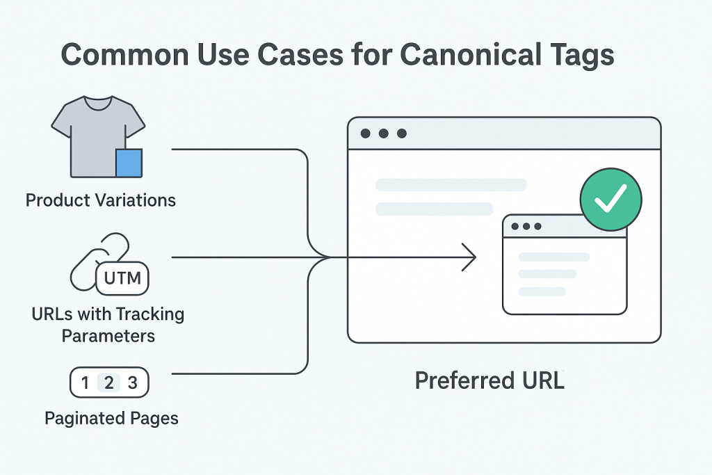 Wide infographic titled “Common Use Cases for Canonical Tags” showing three examples on the left — product variations, URLs with tracking parameters, and paginated pages — each connected by arrows to one preferred URL on the right, marked with a large green checkmark, all displayed in a clean and balanced 16:9 layout.