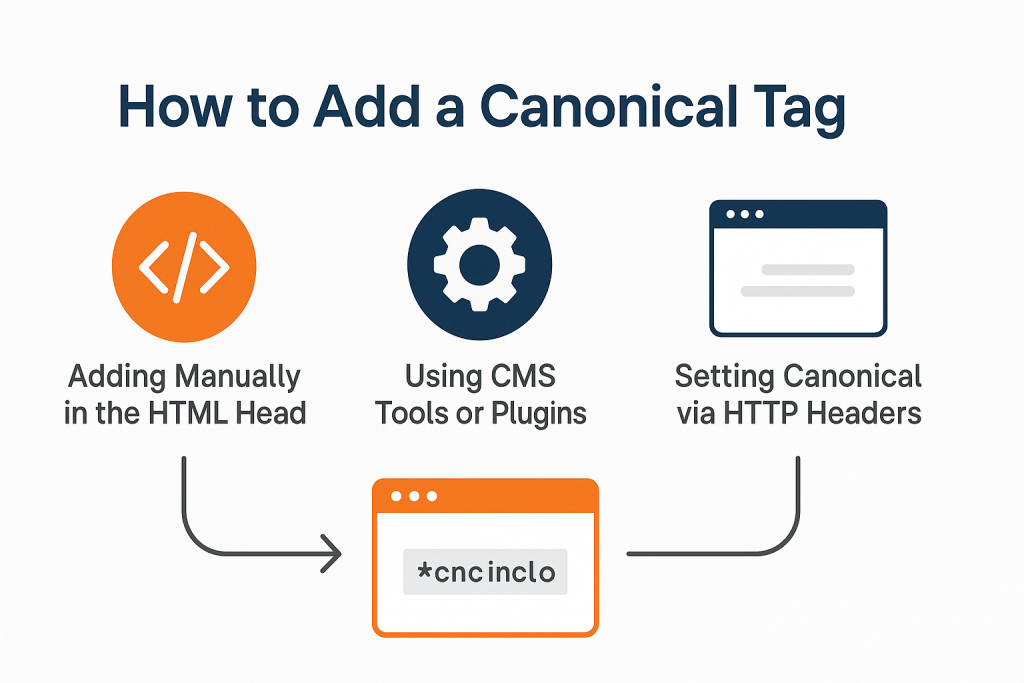 Infographic titled “How to Add a Canonical Tag” showing three main methods: adding manually in the HTML head with a code icon, using CMS tools or plugins with a gear icon, and setting via HTTP headers with a browser icon, all connected to a final web page graphic at the bottom, highlighted with an orange frame.