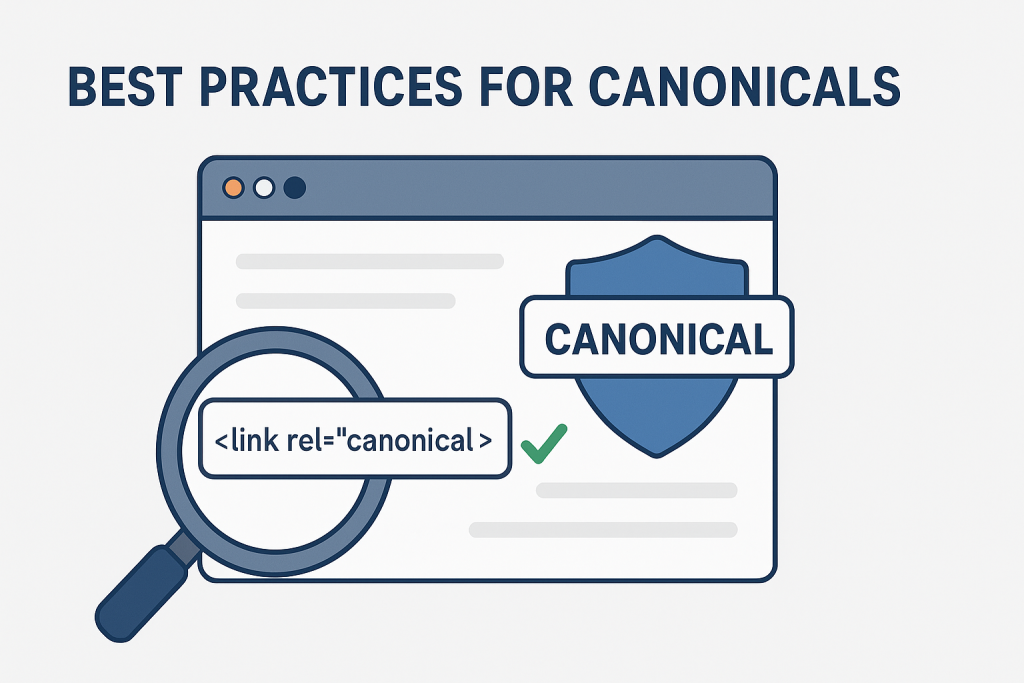 Wide 16:9 illustration titled “Best Practices for Canonicals” showing a web browser graphic with a magnifying glass focused on the canonical tag code and a shield labeled “Canonical” with a green checkmark, symbolizing proper SEO setup and protection.