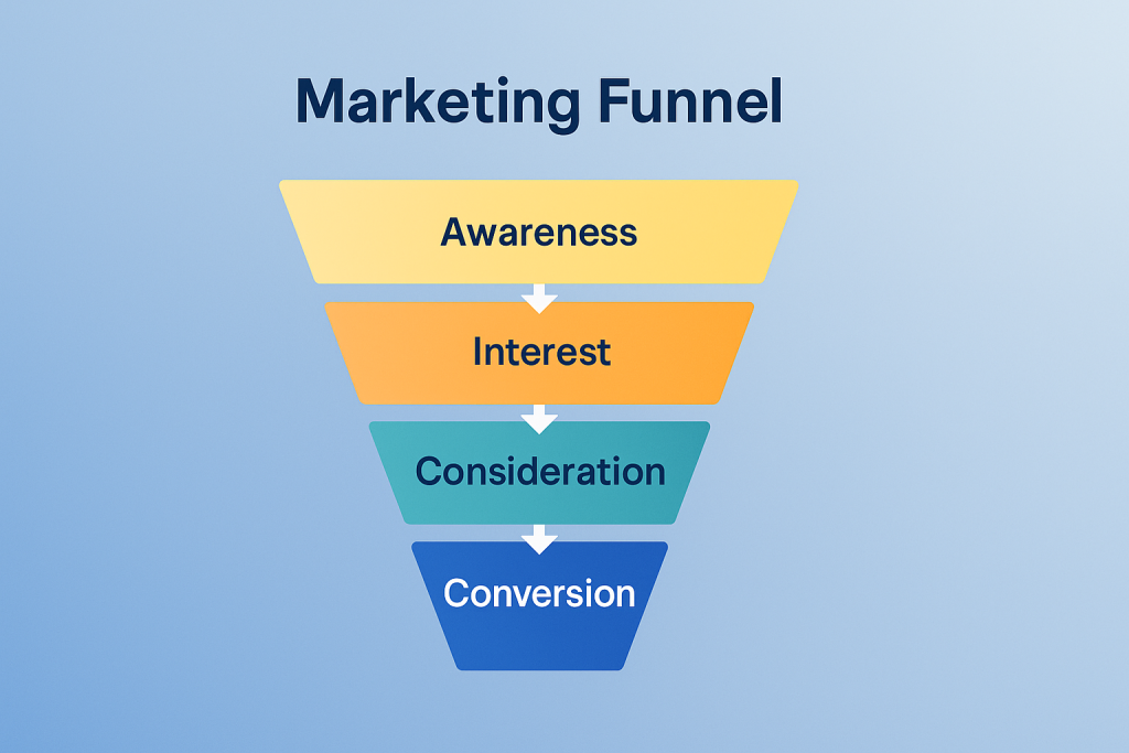 Funnel visualization depicting Awareness, Interest, Consideration, and Conversion stages.