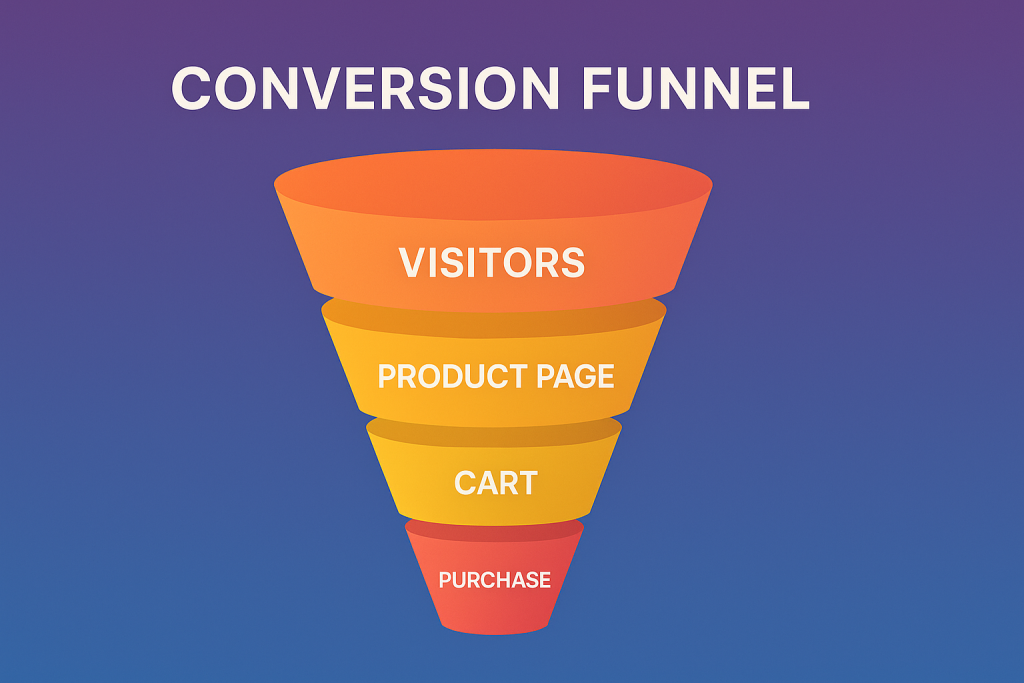 Funnel visualization depicting Visitors, Product Page, Cart, and Purchase stages.