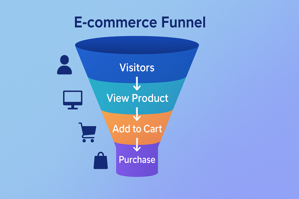 Funnel visualization depicting Visitors, View Product, Add to Cart, and Purchase stages.