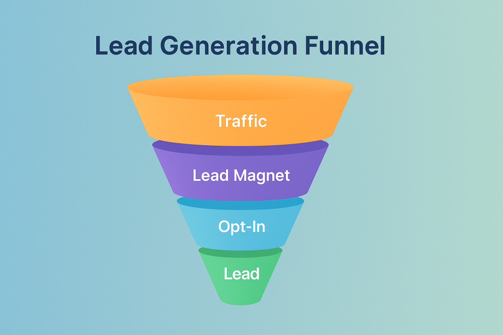 Funnel visualization depicting Traffic, Lead Magnet, Opt-In, and Lead stages.