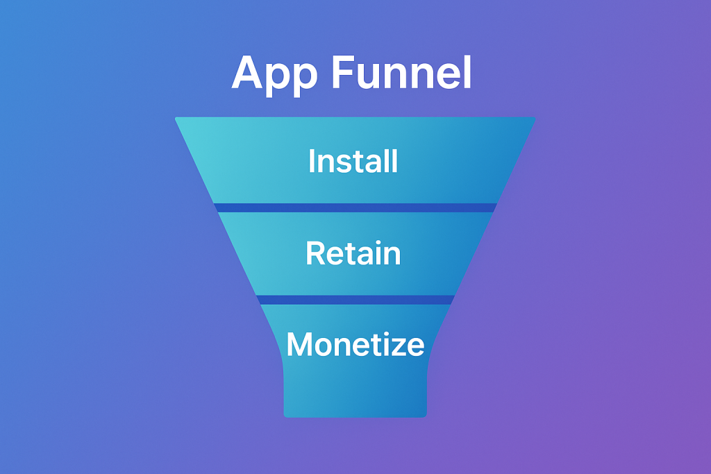 Funnel visualization depicting Install, Retain, and Monetize stages.