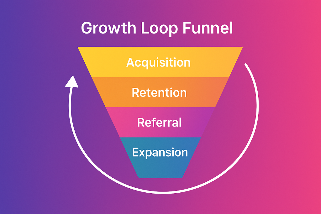 Funnel visualization depicting Acquisition, Retention, Referral, and Expansion stages in a looped growth process.