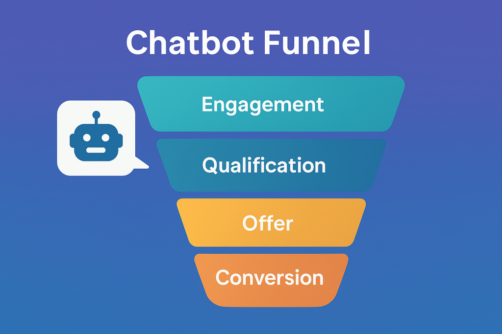 Funnel visualization depicting Engagement, Qualification, Offer, and Conversion stages with chatbot icon.