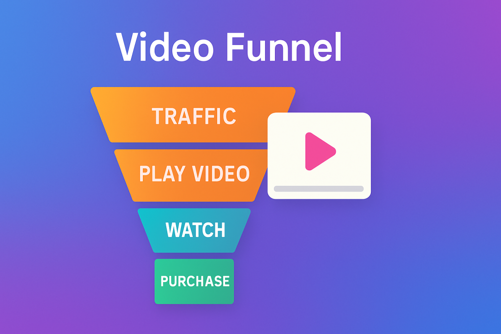 Funnel visualization depicting Traffic, Play Video, Watch, and Purchase stages with a video icon.