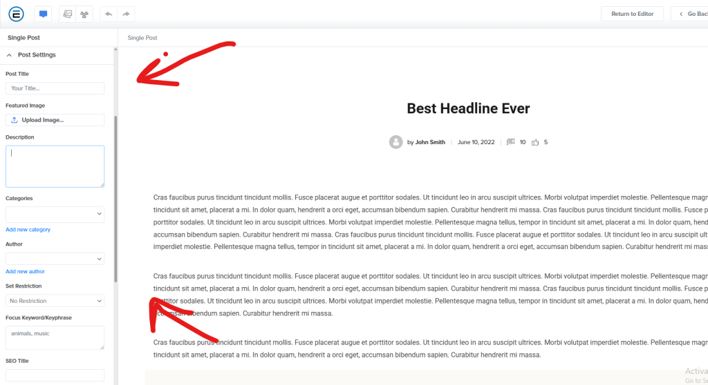 arrows pointing to estage blog seo section