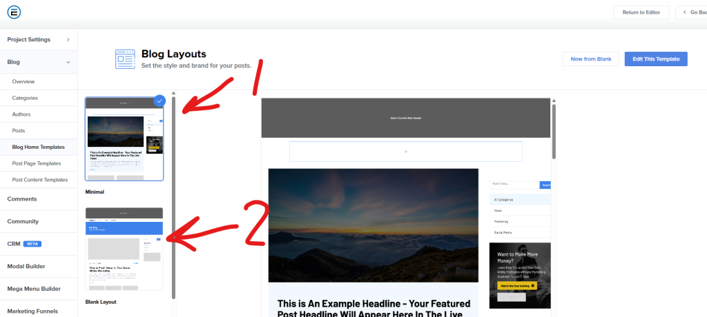 arrows pointing to different estage blog templates in the dashboard