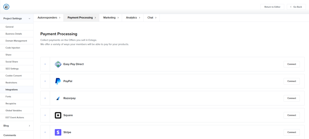 Screenshot Depicting All Available Estage Payment Processor Integrations