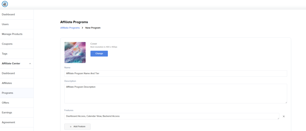 Estage Affiliate Program Builder Interface Screenshot