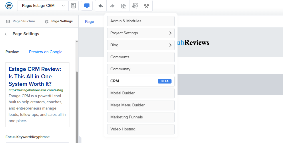 Estage CRM tab within estage page builder