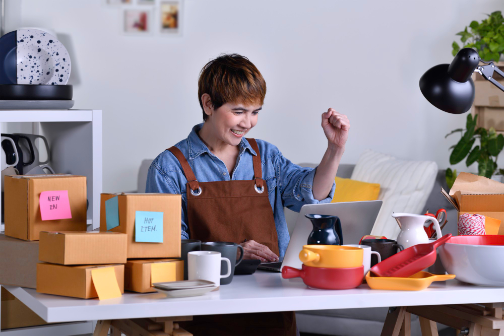 Successful mature Asian woman entrepreneur, Business owner with arm up while looking at laptop computer working at home office with her clay ceramic product
