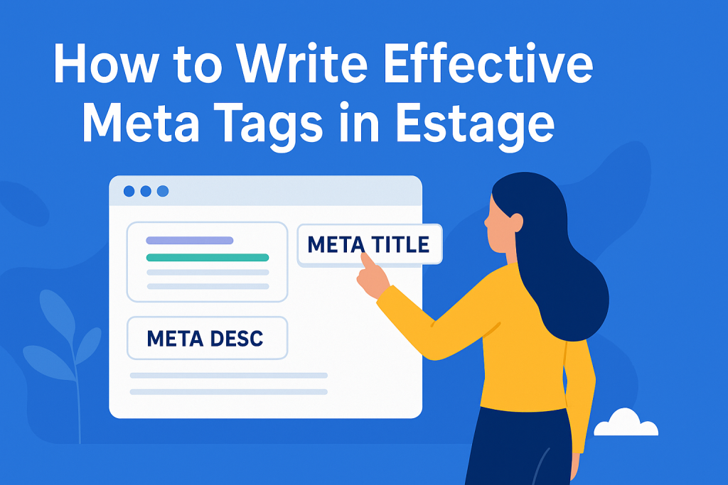 Flat-style 16:9 digital illustration showing a woman interacting with a large screen labeled “META TITLE” and “META DESC” under the headline “How to Write Effective Meta Tags in Estage” on a bright blue background.