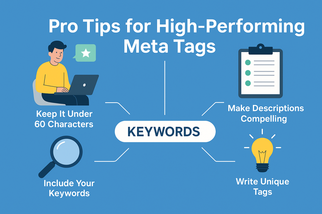 A flat-design digital illustration infographic showing pro tips for writing high-performing meta tags, featuring icons like a checkmark, lightbulb, and upward arrow to symbolize best practices and SEO success.