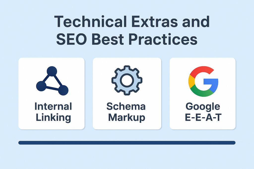  flat digital illustration infographic titled technical extras and SEO best practices with icons representing optimization techniques and strategies for meta data improvement