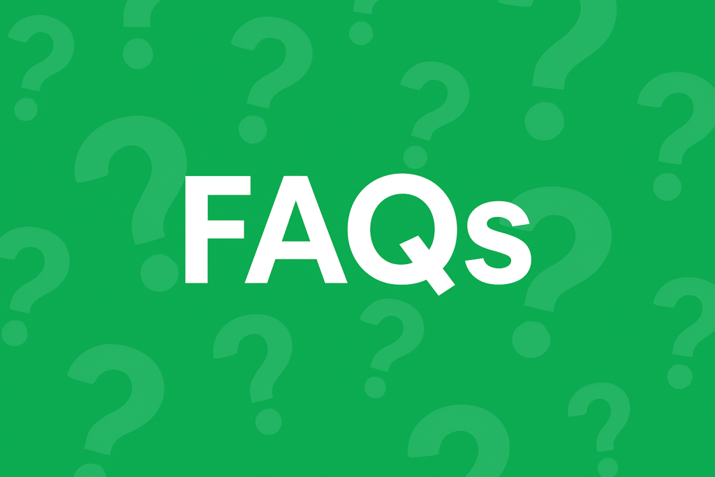 A clean 2D digital graphic featuring the bold acronym “FAQs” centered over a light background filled with subtle green question marks, representing a frequently asked questions section in a modern, minimal style.