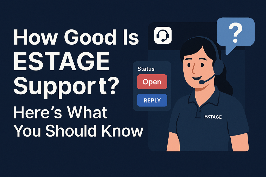 Estage support thumbnail featuring a help desk icon, chat bubble, and support agent avatar with Estage branding on a clean dark blue background