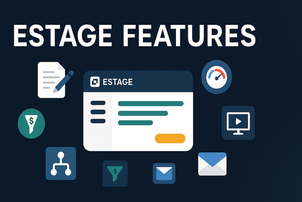 Estage Features thumbnail with icons representing sales funnels, email, analytics, video, and membership tools, centered around a stylized Estage dashboard on a dark blue background