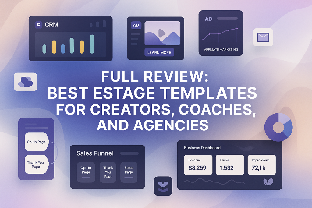 Promotional digital graphic featuring a modern Estage interface with abstract overlays, showcasing top-rated templates for coaches, course creators, and agencies in a clean and bold layout.