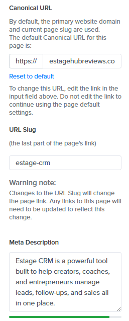 Screenshot showing the Estage blog post SEO settings, including canonical URL, URL slug set to “estage-crm,” and the meta description field containing a description of Estage CRM’s features.
