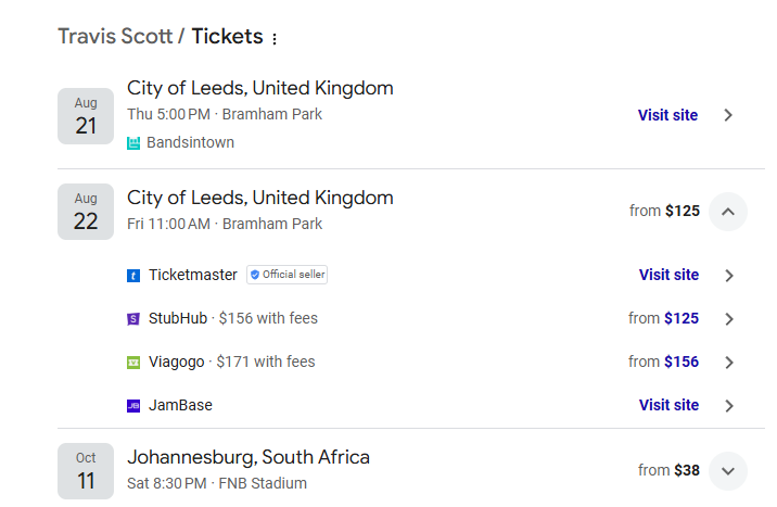 Travis Scott tickets Schema