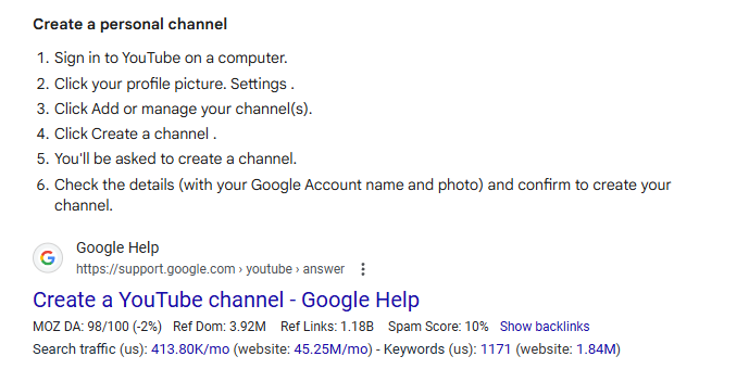 Number list on google serps