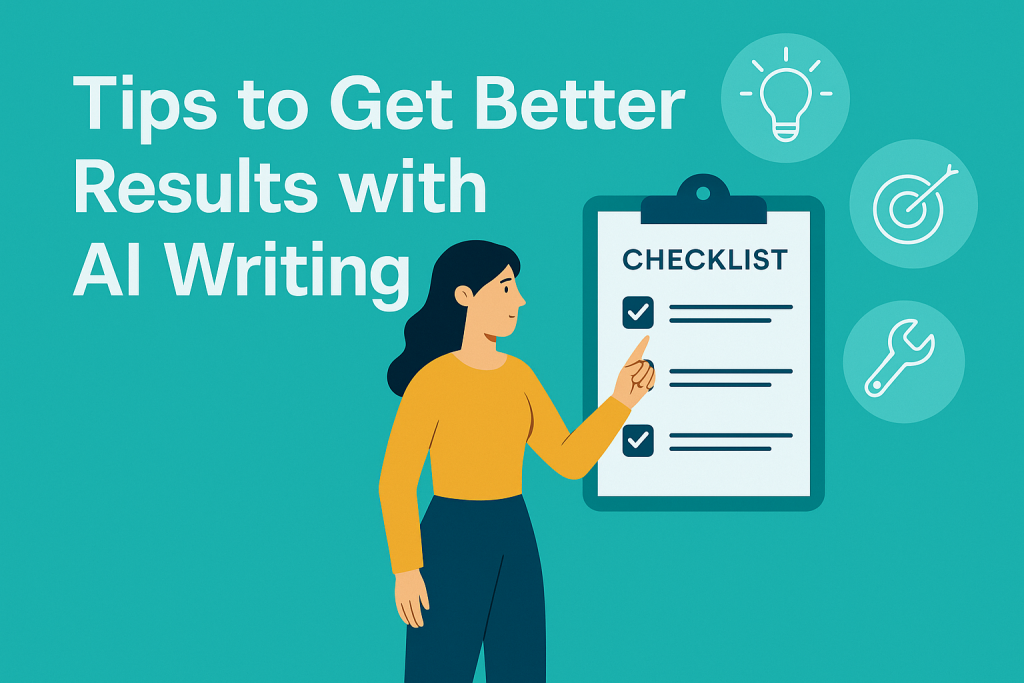 Flat-style digital illustration showing a person writing on a laptop surrounded by floating AI-related icons, symbolizing tips for getting better results with AI writing tools.