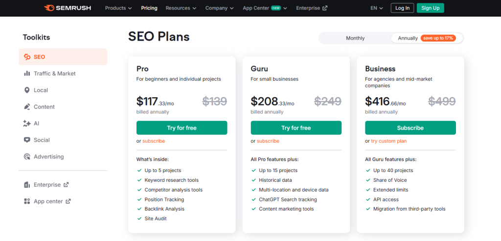 semrush pricing page